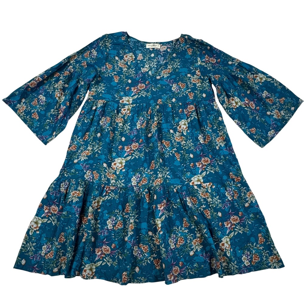 Natural Life Teal Floral Babydoll Mini Dress Bell Sleeve Women's S Boho Cottage